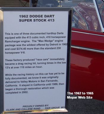 1962 Dart Max Wedge 413 sign history